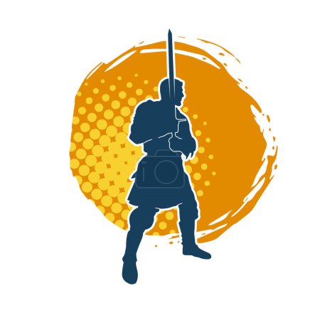 Illustration for Silhouette of a knight warrior in war armor costume holding sword blade weapon. Silhouette of a medieval paladin soldier carrying sword weapon. - Royalty Free Image
