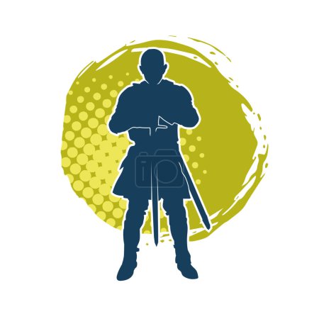 Illustration for Silhouette of a knight warrior in war armor costume holding sword blade weapon. Silhouette of a medieval paladin soldier carrying sword weapon. - Royalty Free Image