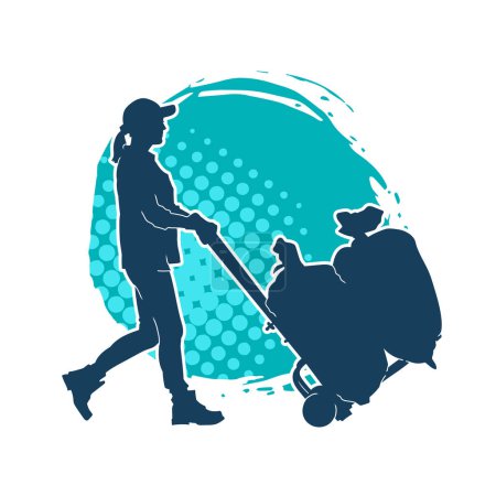Silhouette of a warehouse worker push a lori chart or hand truck tool transporting sacks. Silhouette of a delivery worker or courier in pose with a trolley wheels full of sacks.