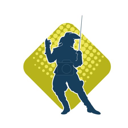 Illustration for Silhouette of a medieval musketeer soldier in action pose with sword weapon - Royalty Free Image