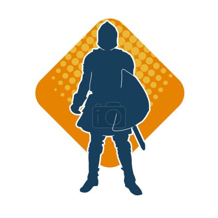 Silhouette of a male warrior in battle armor carrying sword weapon and iron shield.
