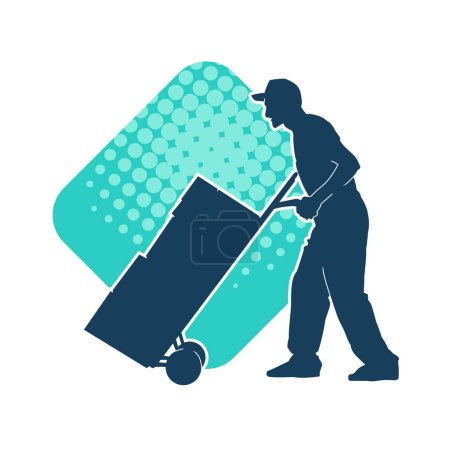 Silhouette of a warehouse worker push a lori chart or hand truck tool transporting boxes. Silhouette of a delivery worker or courier in pose with a trolley wheels full of boxes.