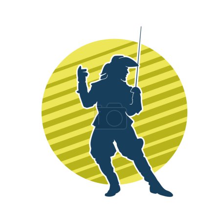 Silueta de un soldado mosquetero medieval en acción posan con arma de espada