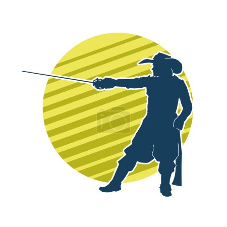 Silhouette of a medieval musketeer soldier in action pose with sword weapon