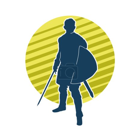 Illustration for Silhouette of a male warrior in battle armor carrying sword weapon and iron shield. - Royalty Free Image