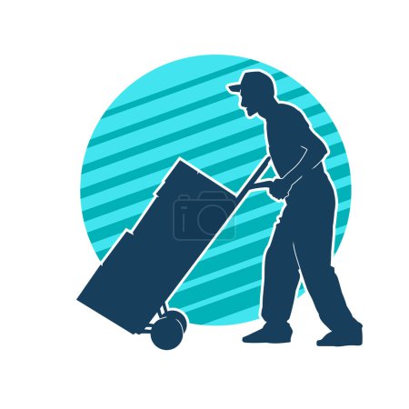 Silhouette of a warehouse worker push a lori chart or hand truck tool transporting boxes. Silhouette of a delivery worker or courier in pose with a trolley wheels full of boxes.