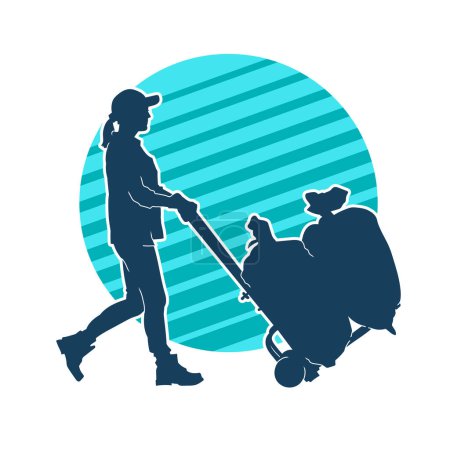 Silhouette of a warehouse worker push a lori chart or hand truck tool transporting sacks. Silhouette of a delivery worker or courier in pose with a trolley wheels full of sacks.