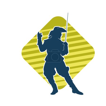Illustration for Silhouette of a medieval musketeer soldier in action pose with sword weapon - Royalty Free Image