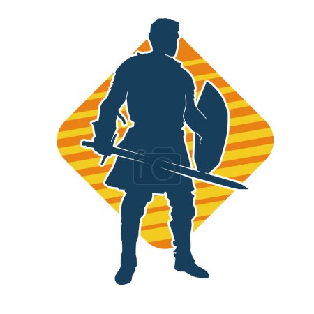 Ilustración de Silueta de un guerrero masculino en armadura de batalla portando arma de espada y escudo de hierro. - Imagen libre de derechos