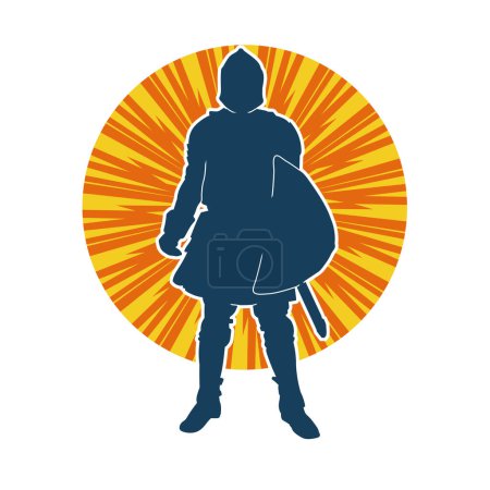 Silhouette of a male warrior in battle armor carrying sword weapon and iron shield.