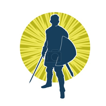Ilustración de Silueta de un guerrero masculino en armadura de batalla portando arma de espada y escudo de hierro. - Imagen libre de derechos