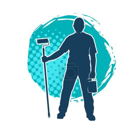 Illustration for Silhouette of a male worker doing painting work. Silhouette of an interior painter worker. - Royalty Free Image