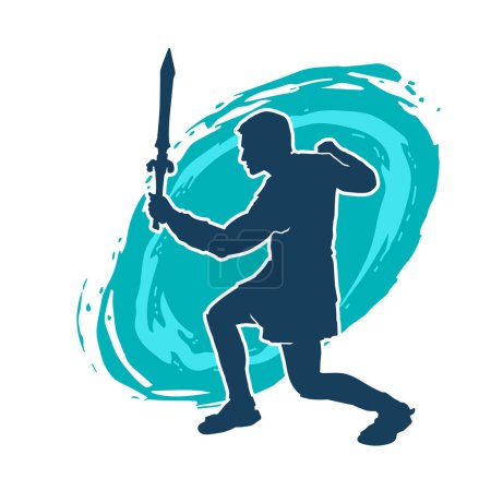 Téléchargez les illustrations : Silhouette d'un guerrier masculin en action pose avec arme à épée. Silhouette d'un homme combattant portant une arme à épée. - en licence libre de droit