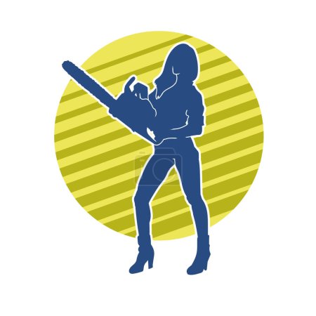 silhouette of a sexy female worker with chainsaw power tool. silhouette of sexy woman posture costumed as a lumberjack holding chainsaw.