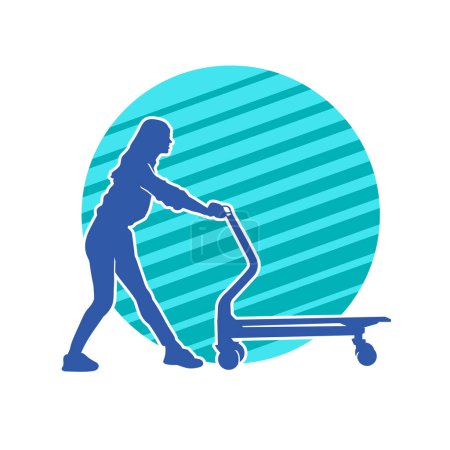 Illustration for Silhouette of woman pushing trolley wheels or hand truck tool. Silhouette of a female pushing lori wheel tool. - Royalty Free Image