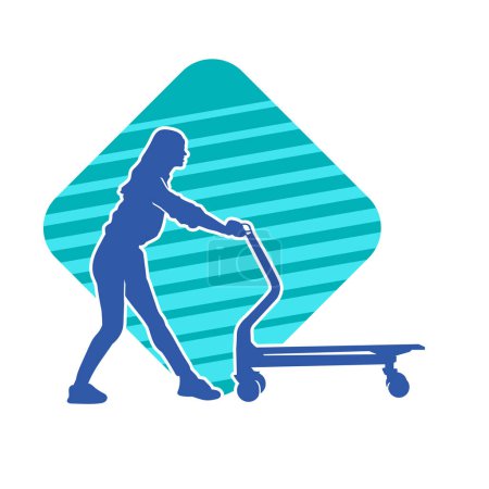 Silhouette of woman pushing trolley wheels or hand truck tool. Silhouette of a female pushing lori wheel tool.