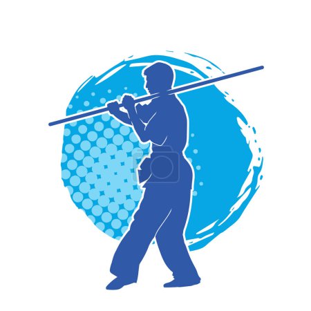 Silhouette of a martial art male in fighting pose using toya wooden stick as weapon. Silhouette of a man doing martial art holding wooden pole weapon action pose.