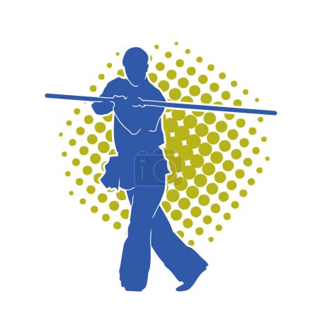 Silhouette of a martial art male in fighting pose using toya wooden stick as weapon. Silhouette of a man doing martial art holding wooden pole weapon action pose.