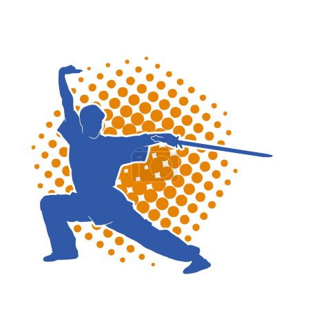 Silhouette eines Kungfu- oder Wushu-Kampfsportlers in Action-Pose. Silhouette einer männlichen Kampfkunst-Person in Pose mit Schwertwaffe.