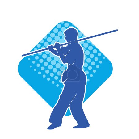 Illustration for Silhouette of a martial art male in fighting pose using toya wooden stick as weapon. Silhouette of a man doing martial art holding wooden pole weapon action pose. - Royalty Free Image