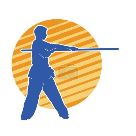 Illustration for Silhouette of a martial art male in fighting pose using toya wooden stick as weapon. Silhouette of a man doing martial art holding wooden pole weapon action pose. - Royalty Free Image