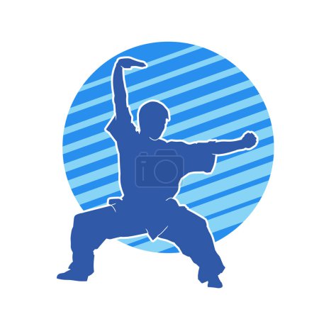 Silhouette of a man in oriental martial art pose. Silhouette of a male in martial art move.