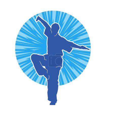 Silhouette eines Mannes in orientalischer Kampfsportpose. Silhouette eines Mannes in der Kampfkunst bewegen.