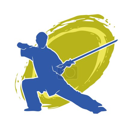 Silhouette eines Kungfu- oder Wushu-Kampfsportlers in Action-Pose. Silhouette einer männlichen Kampfkunst-Person in Pose mit Schwertwaffe.