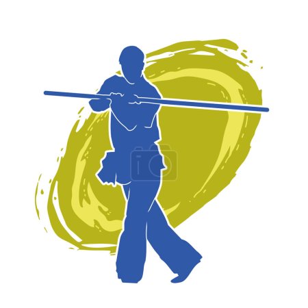 Silhouette eines Kampfsportlers in Kampfpose mit einem Toya-Holzstab als Waffe. Silhouette eines martialischen Mannes mit hölzerner Stangenwaffe in Action-Pose.
