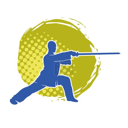 Illustration for Silhouette of a martial art male in fighting pose using sword weapon. Silhouette of a man doing martial art sword weapon action pose. - Royalty Free Image