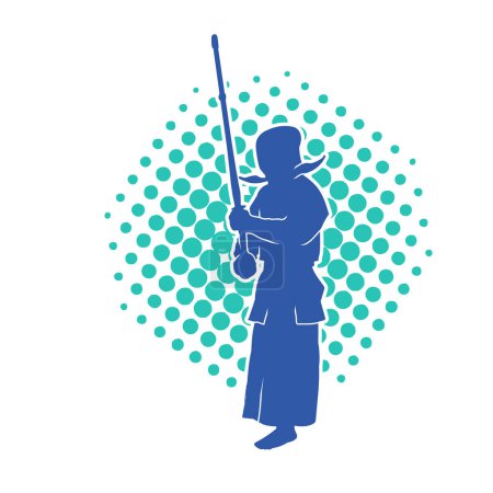 Ilustración de Silueta de kendo persona de arte marcial en acción pose con máscara y espada de madera o arma espada bokken - Imagen libre de derechos