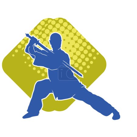 Silhouette of a martial art male in fighting pose using sword weapon. Silhouette of a man doing martial art sword weapon action pose.