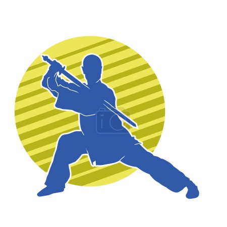 Silhouette of a martial art male in fighting pose using sword weapon. Silhouette of a man doing martial art sword weapon action pose.