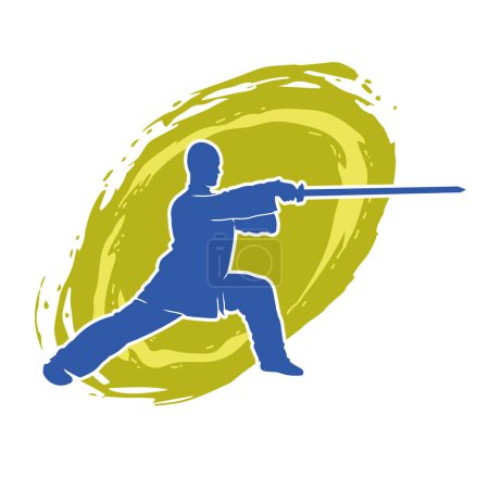 Illustration for Silhouette of a martial art male in fighting pose using sword weapon. Silhouette of a man doing martial art sword weapon action pose. - Royalty Free Image