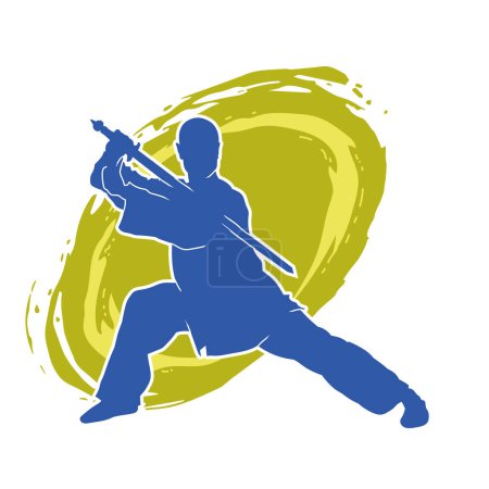 Silhouette eines Kampfsportlers in Kampfpose mit Schwertwaffe. Silhouette eines Mannes in Kampfkunst-Schwertwaffen-Action-Pose.