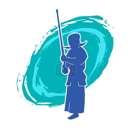 Téléchargez les illustrations : Silhouette de kendo homme d'art martial en action pose avec masque et épée en bois ou arme à épée bokken - en licence libre de droit