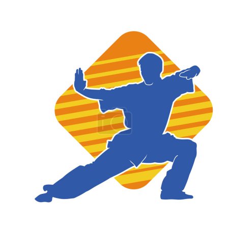 Silhouette eines Mannes in orientalischer Kampfsportpose. Silhouette eines Mannes in der Kampfkunst bewegen.