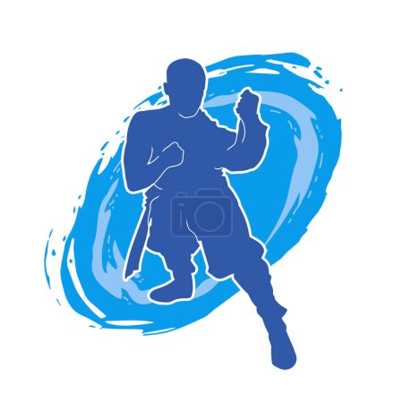 Illustration for Silhouette of a man in oriental martial art pose. Silhouette of a male in martial art move. - Royalty Free Image