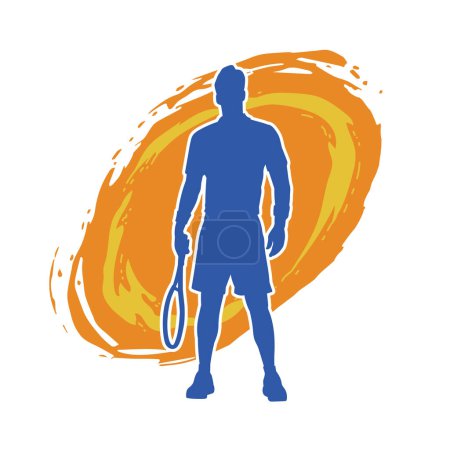 Silhouette eines männlichen Tennisspielers in Action-Pose. Silhouette eines Mannes, der Tennissport mit Schläger betreibt.