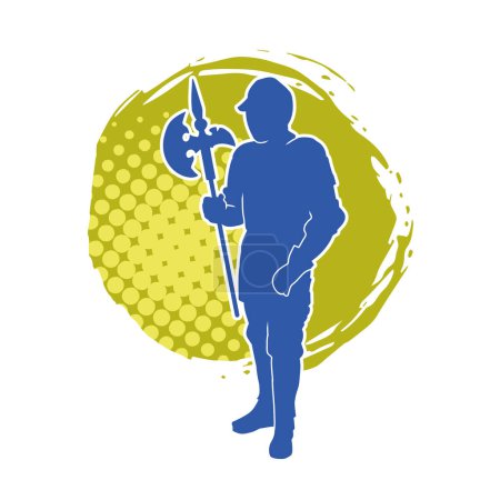 Silhouette of a male ancient warrior in war armor carrying battle axe weapon