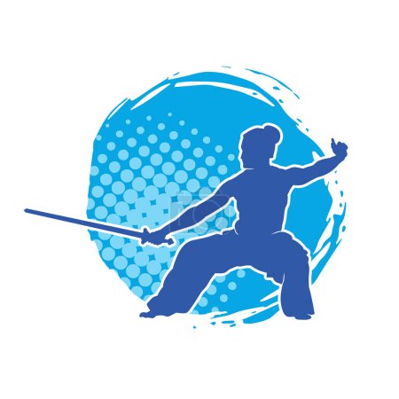 Silhouette eines Kungfu- oder Wushu-Kampfsportlers in Action-Pose. Silhouette einer Kampfsportperson in Pose mit Schwertwaffe.
