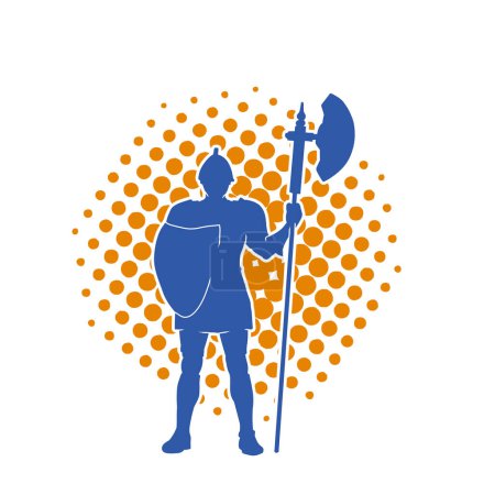 Silhouette of an ancient soldier with polearm weapon and iron shield. Silhouette of a roman warrior using halberd or poleaxe weapon.