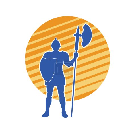 Silhouette of an ancient soldier with polearm weapon and iron shield. Silhouette of a roman warrior using halberd or poleaxe weapon.