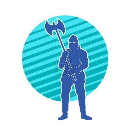 Illustration for Silhouette of a male ancient warrior in war armor carrying battle axe weapon - Royalty Free Image