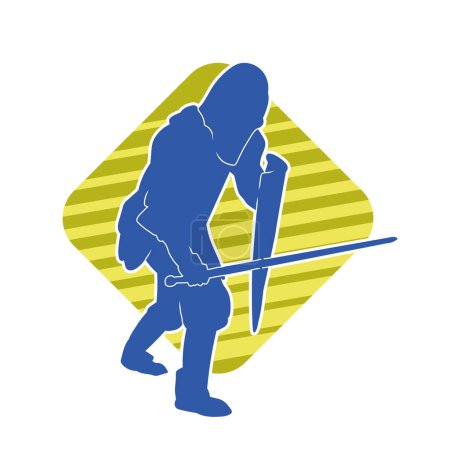 Ilustración de Silueta de un guerrero masculino con traje de armadura de guerra en acción posan usando un arma de espada y escudo de hierro - Imagen libre de derechos