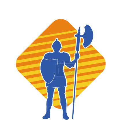 Silhouette eines antiken Soldaten mit Polarwaffe und eisernem Schild. Silhouette eines römischen Kriegers mit Hellebarde oder Poleaxt.