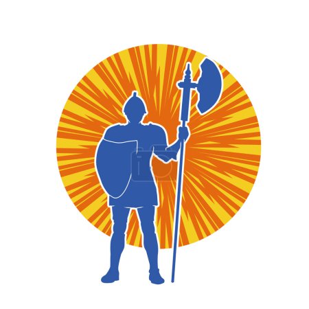 Silueta de un antiguo soldado con arma polearm y escudo de hierro. Silueta de un guerrero romano usando alabarda o arma de hacha.