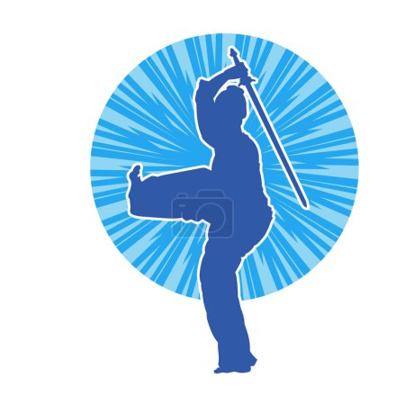 Illustration for Silhouette of a kungfu or wushu martial art athlete in action pose. Silhouette of a martial art person in pose with swords weapon. - Royalty Free Image