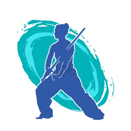 Illustration for Silhouette of a kungfu or wushu martial art athlete in action pose. Silhouette of a martial art person in pose with swords weapon. - Royalty Free Image
