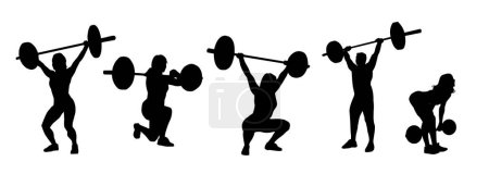 Silhouette group of female weightlifting athlete in action pose.